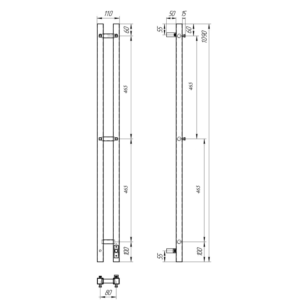 Полотенцесушитель электрический HOLLER Аурика AR10111BM 1100x80 с крючками, черный матовый
