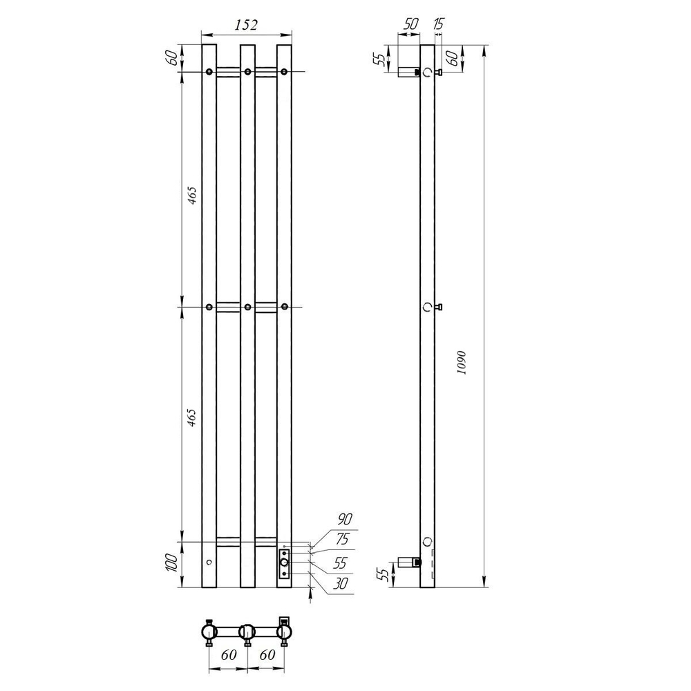 Полотенцесушитель электрический HOLLER Лонга LG10112BM 1100x120 с крючками, черный матовый