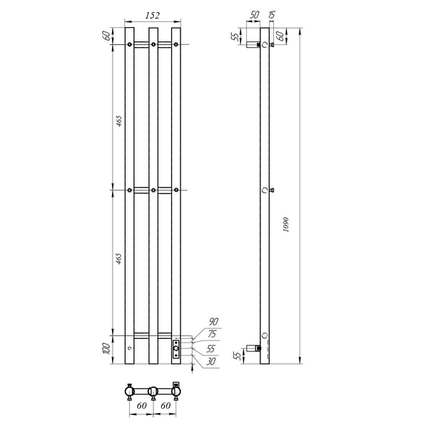 Полотенцесушитель электрический HOLLER Лонга LG10112BM 1100x120 с крючками, черный матовый