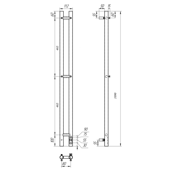 Полотенцесушитель электрический HOLLER Лонга LG10111BM 1100x80 с крючками, черный матовый