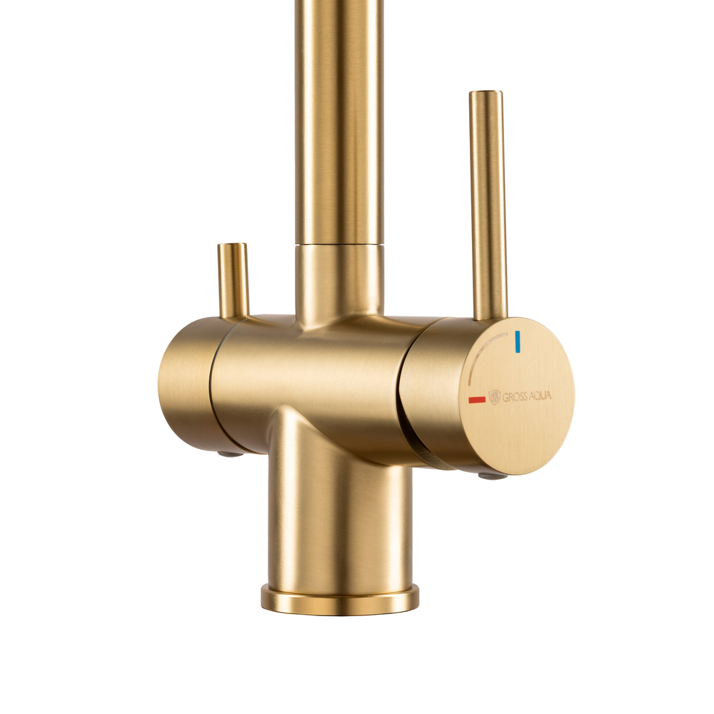 Смеситель кухня гибкий излив с подключением к фильтру воды GROSS AQUA Сталь (Neosteel) GA 3188611SSMGB золото/чёрный