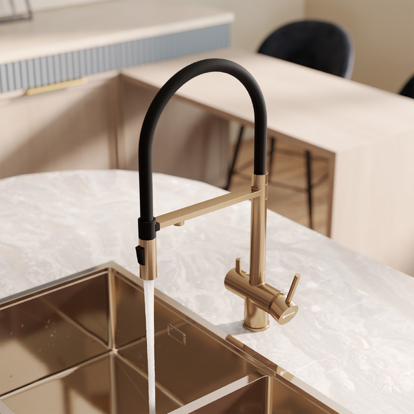 Смеситель кухня гибкий излив с подключением к фильтру воды GROSS AQUA Сталь (Neosteel) GA 3188611SSMGB золото/чёрный