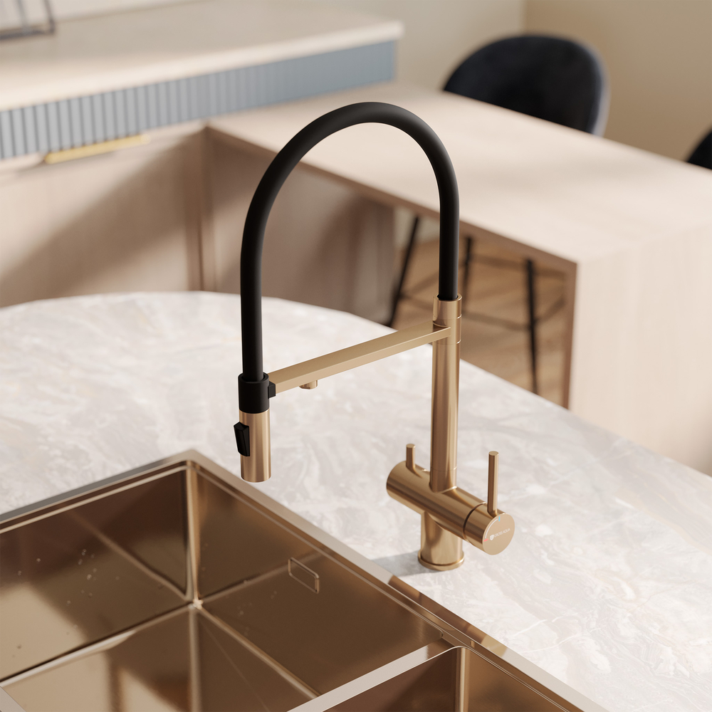 Смеситель кухня гибкий излив с подключением к фильтру воды GROSS AQUA Сталь (Neosteel) GA 3188611SSMGB золото/чёрный