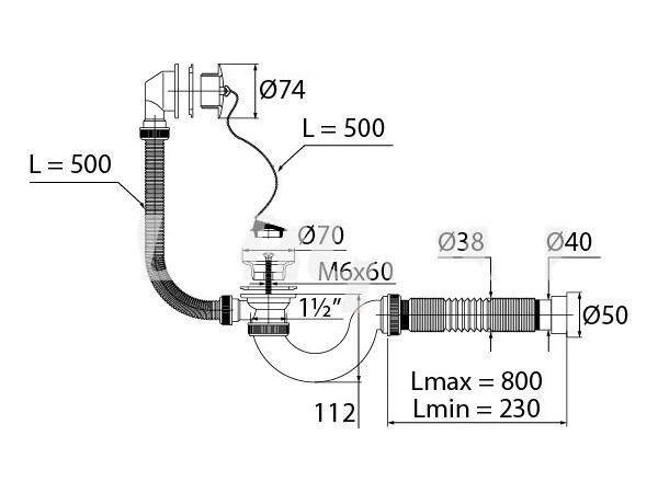ВП 0653 Сифон для ванн (обвязка) "МИНИ Элит" 1 1/2"х40, с пласт.реш D=70 мм, с гиб.тр 40-40/50