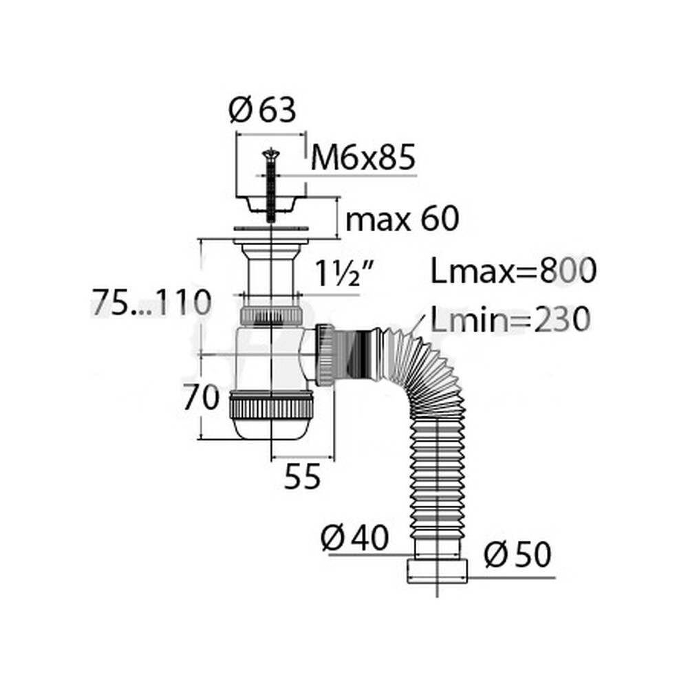 ВП 0678 Сифон "МИНИ Элит" с лит вып. нерж. чашкой д. 63 мм и гибкой трубой (1 1/2-40/50)