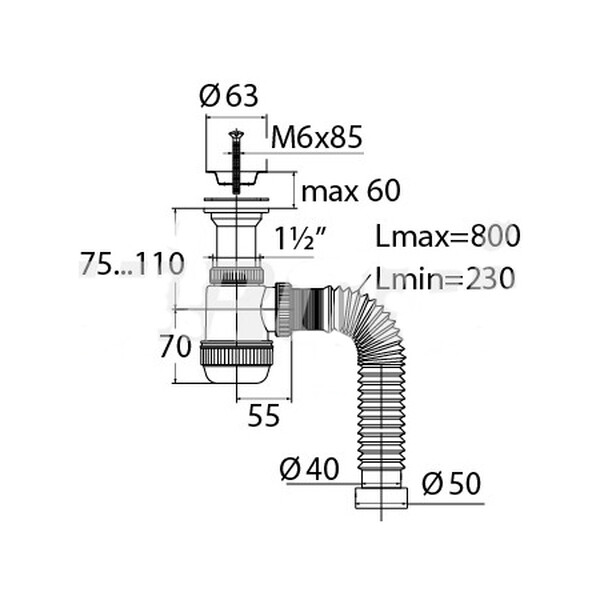 ВП 0678 Сифон "МИНИ Элит" с лит вып. нерж. чашкой д. 63 мм и гибкой трубой (1 1/2-40/50)