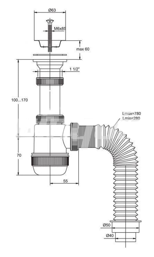 ВП 6780 Сифон "МИНИ Элит" с нерж чашкой д.63 и гибкой трубой ( 1 1/2"- 40/50)
