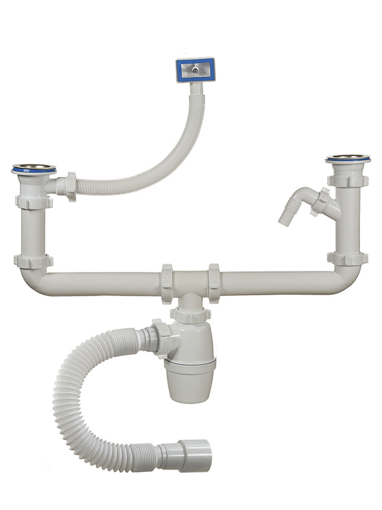 А-40091 Сифон двойной бутылочный двухуро ОРИО 1 1/2" х 40 с одним отводом с/м, гиб трубой 40-40/50