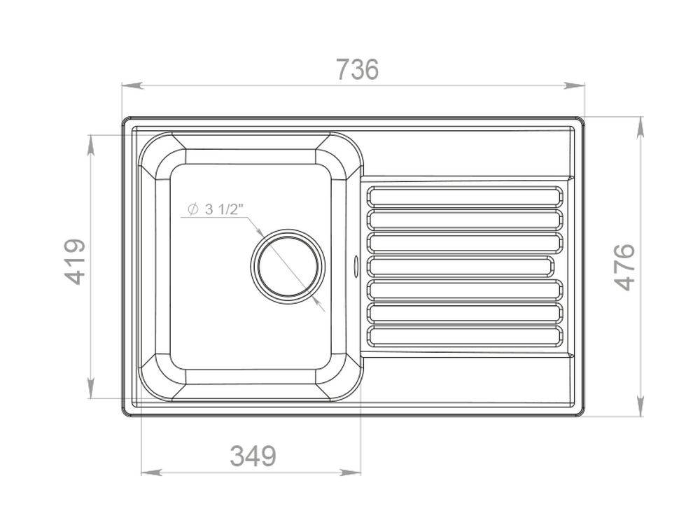 Мойка для кухни GranFest QUARZ GF-QUARZ 78 чаша+крыло 740*480 мм без сифона (78 серый)