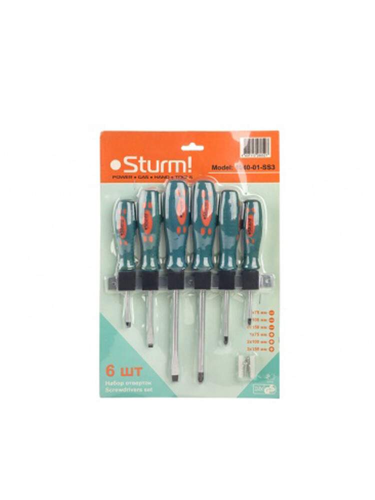 1040-01-SS3 Набор отверток,6 шт, материал ХРОМ-ВАНАДИЕВАЯ СТАЛЬ, + НАСТЕННЫЙ ДЕРЖАТЕЛЬ Sturm!