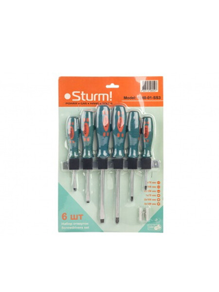 1040-01-SS3 Набор отверток,6 шт, материал ХРОМ-ВАНАДИЕВАЯ СТАЛЬ, + НАСТЕННЫЙ ДЕРЖАТЕЛЬ Sturm!