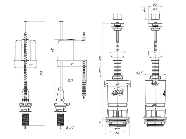WC4550М Арматура с нижн подв шток пластик металлизир эконом АНИ Пласт