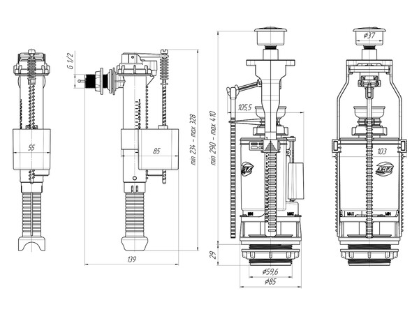 WC9020С Арматура АНИ Пласт бок.подводка 1/2 латунь кнопка хром двойная