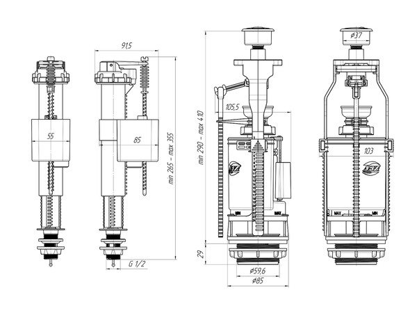 WC9510C Арматура АНИ Пласт ниж.подводка 1/2 пластик кнопка хром двойная