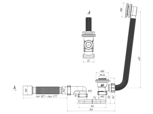 EС055 Сифон АНИ Пласт д/в клик-клак, плоск. с вып и перел, г/т 375*40*50