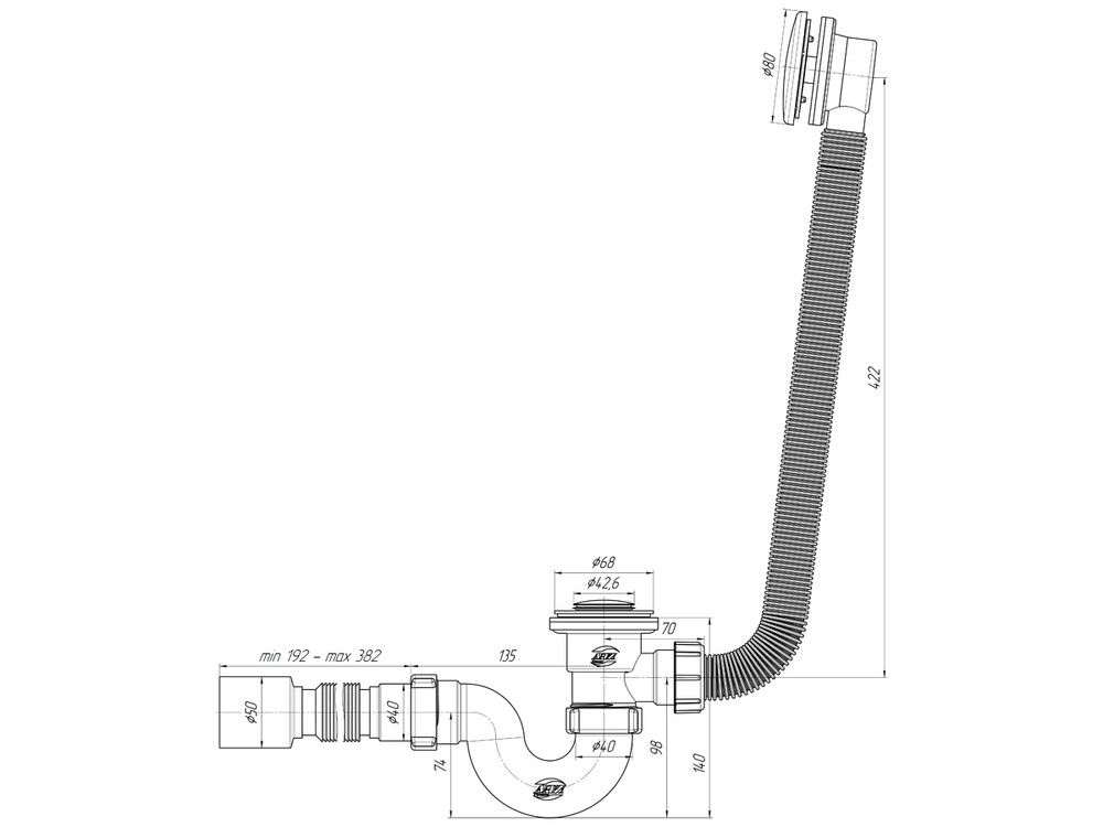 EС155 Сифон АНИ Пласт для ванны клик-клак с вып и перекл г/т 375*40*50