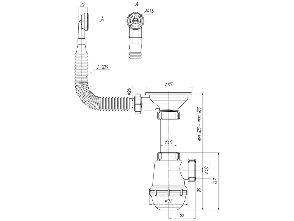 A0142S Сифон АНИ Пласт 3 1/2"*40 Грот с гофрир. переливом круглым