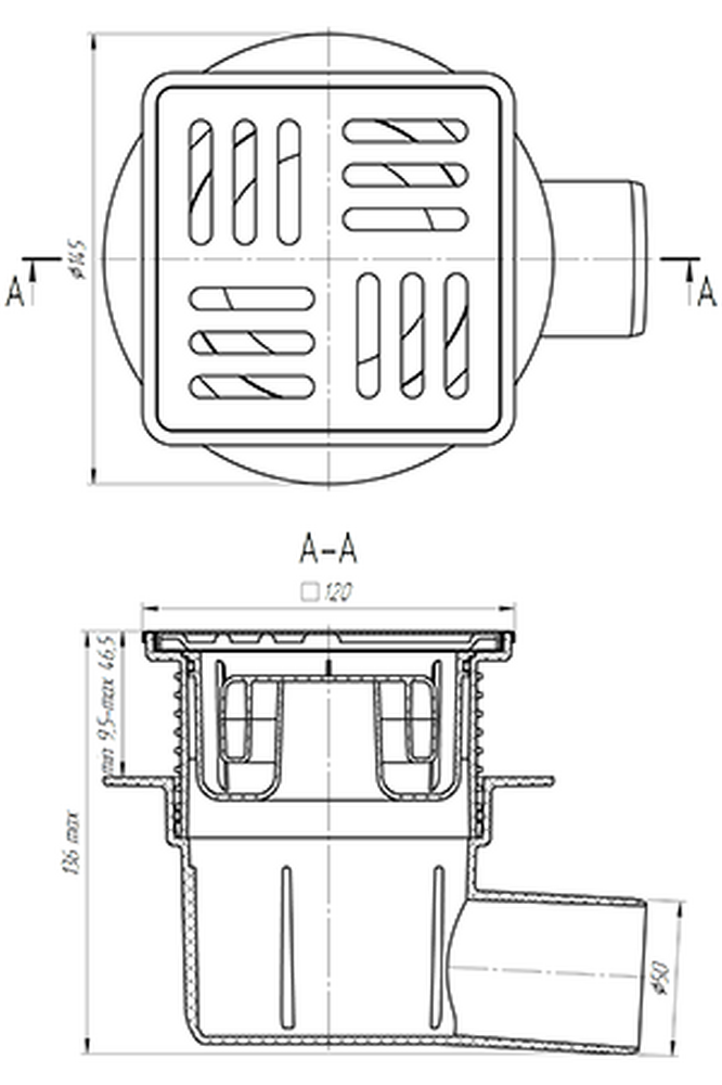 TA5614М Трап 50 горизонт с решеткой из нерж стали 15*15, рег