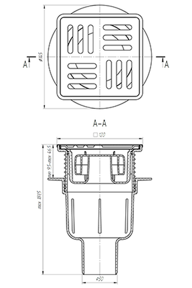 TA5714М Трап 50 верт с решеткой из нерж стали 15*15, рег