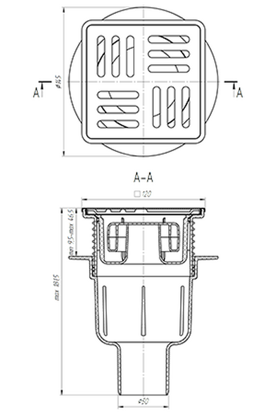 TA5714М Трап 50 верт с решеткой из нерж стали 15*15, рег