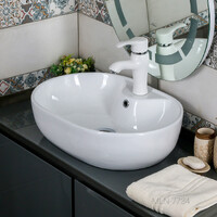 800-7734 Фигурный умывальник накладной овальный 590Х410Х150 MELANA