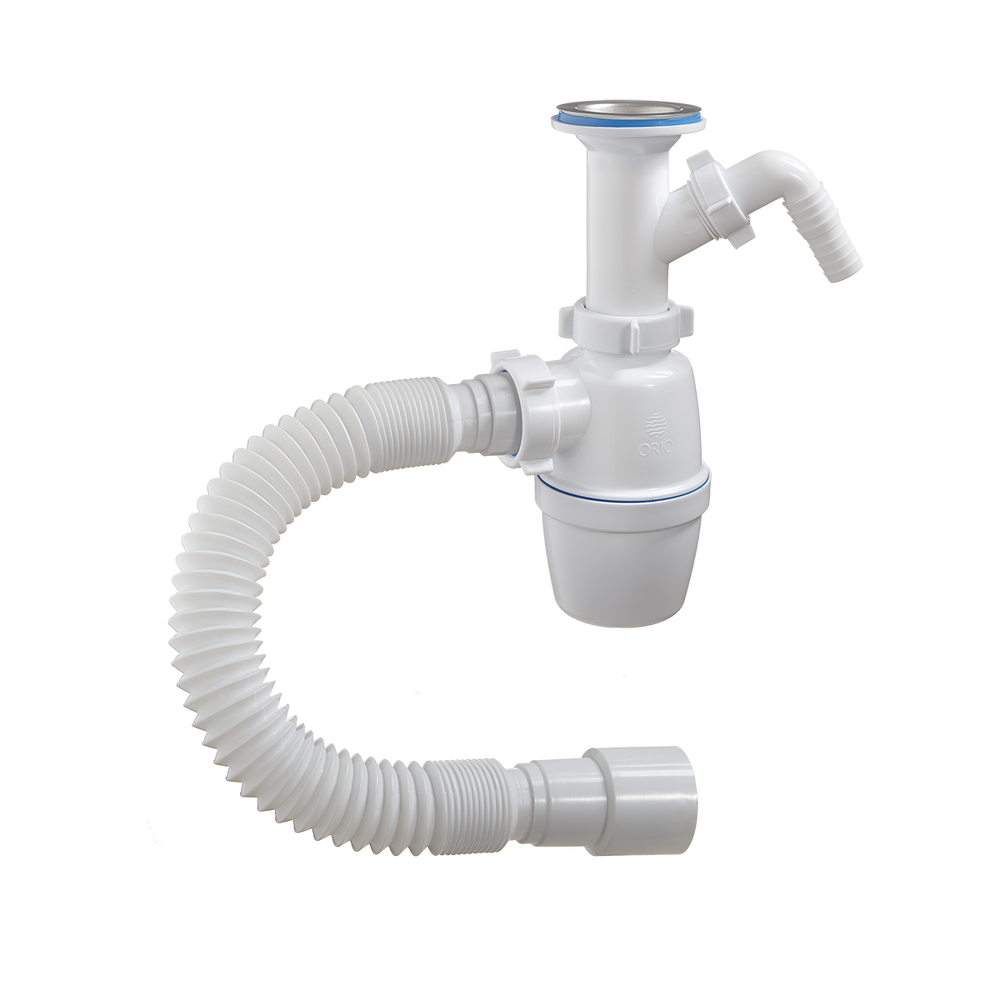 А-42059 Сифон бутылочный ОРИО 1 1/2" - 40, литой выпуск, с одним отводом и гибкой трубой 40-40/50