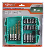 1270604 набор бит и сверл 31 шт, 6-и гранный хвостовик, в кейсе, STURM