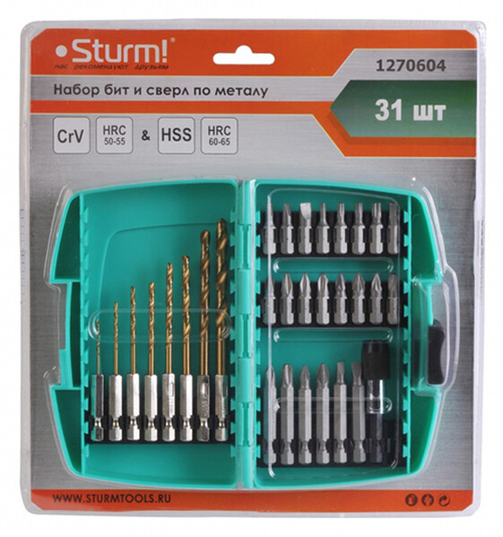1270604 набор бит и сверл 31 шт, 6-и гранный хвостовик, в кейсе, STURM
