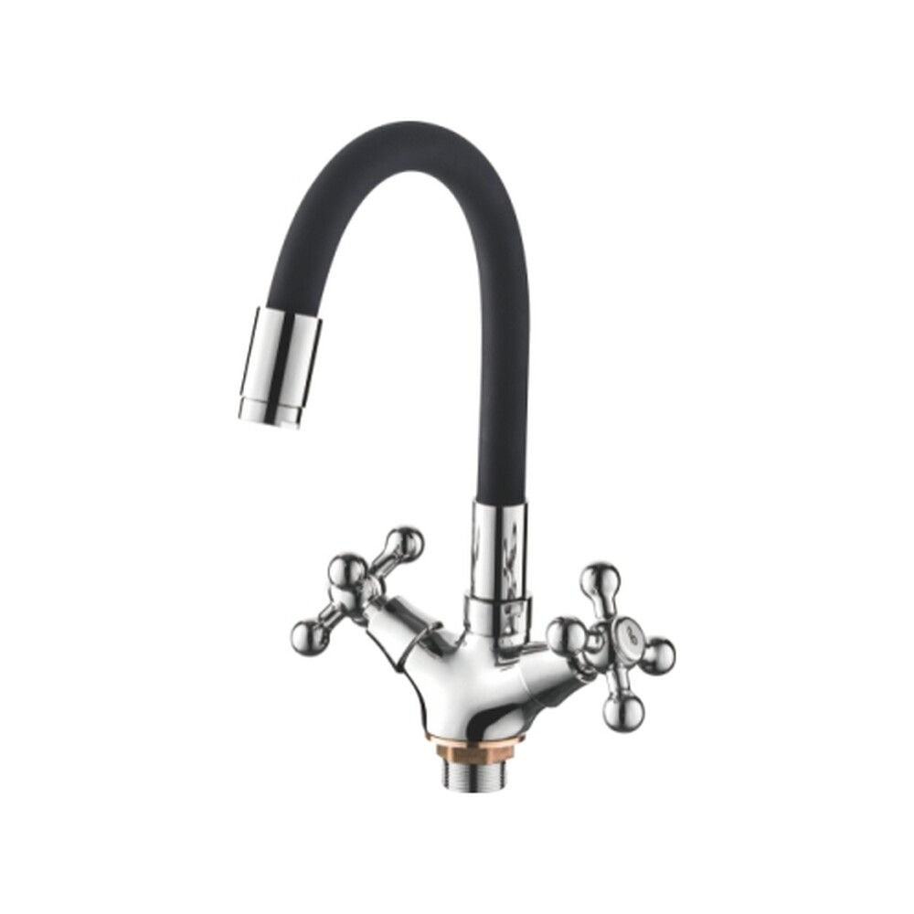 1319-2 Смеситель Тюльпан LEDEME м/к на гайке с силиконовым изливом МАКСИ (черный/хром)