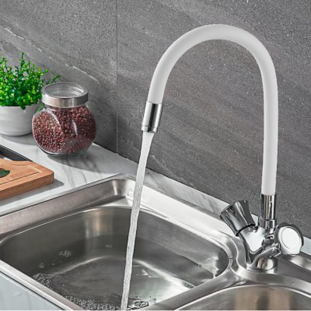 4022-3 Смеситель Кухня LEDEME на гайке с силиконовым изливом МАКСИ (белый/хром)