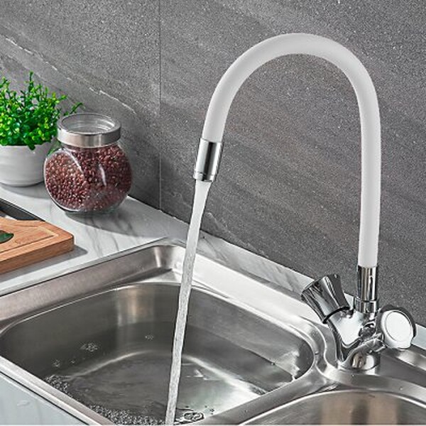 4022-3 Смеситель Кухня LEDEME на гайке с силиконовым изливом МАКСИ (белый/хром)