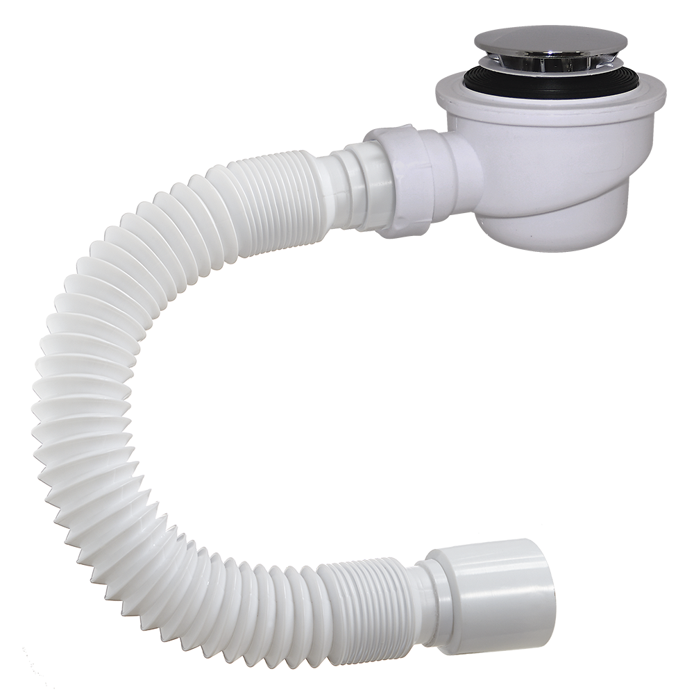 DX-512 Сифон для душ. поддона ОРИО 1 1/2х50, высота h=75мм, пластик/хром с гибкой трубой 40-50