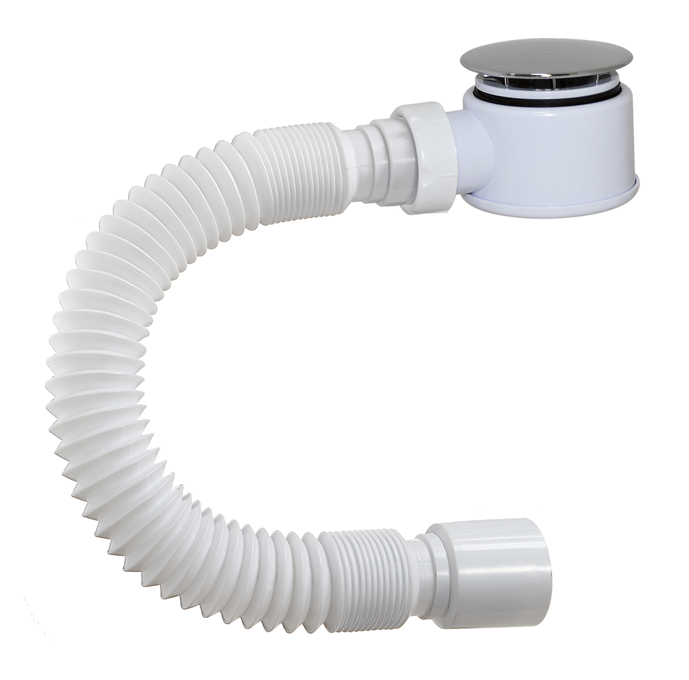 DX-502 Сифон для душ. поддона ОРИО 1 1/2х50, высота h=45мм,пластик/хром с гиб.труб.40-50