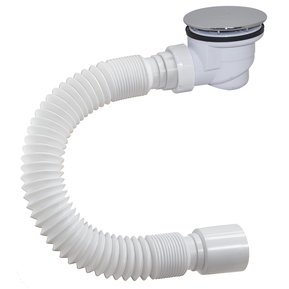 DX-602 Сифон для душ. поддона ОРИО 1 1/2х60, высота h=71мм, пластик/хром, с гибк. труб.40-50