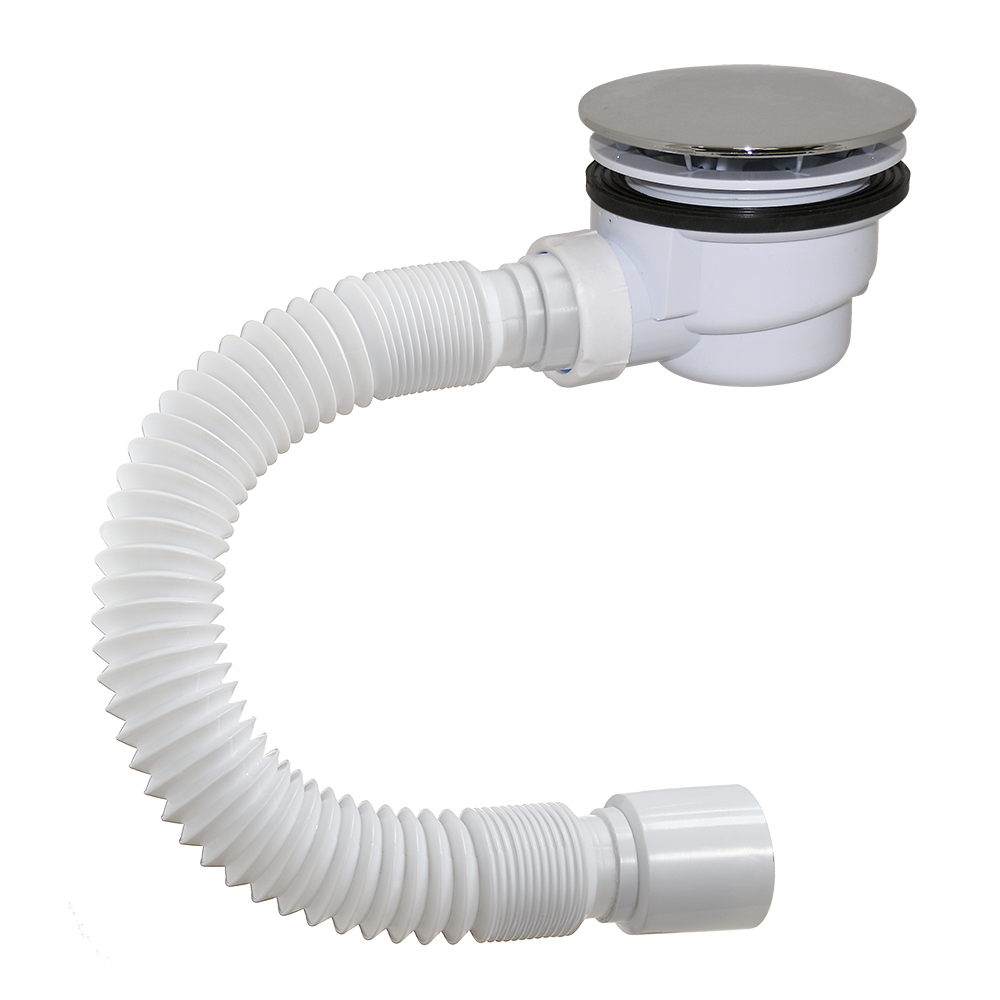 DX-912 Сифон для душ. поддона ОРИО 1 1/2х90, высота h=71мм,пластик/хром с гибк.труб 40-50 ПРОМО  !!!!