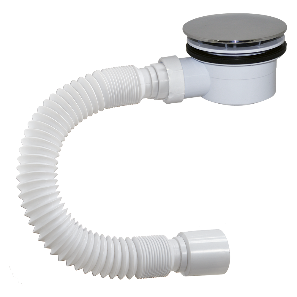 DX-902 Сифон для душ. поддона ОРИО 1 1/2х90, высота h=64мм,пластик/хром с гибк.трубой 40-50