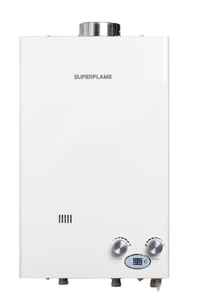 Газовый водонагреватель Superflame SF0420 Т 10л белый TYPE/NEW Турбо С ТРУБОЙ 60х850 (20 кВт,расход воды 10 л/мин) в520/ш320/г120 мм