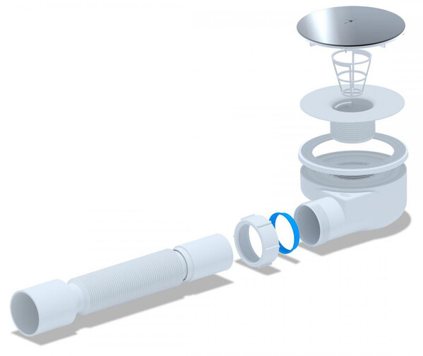 E355C Сифон для душевого поддона АНИ Пласт 1 1/2**90, h 55 хром с гибкой тр. 375*40/50