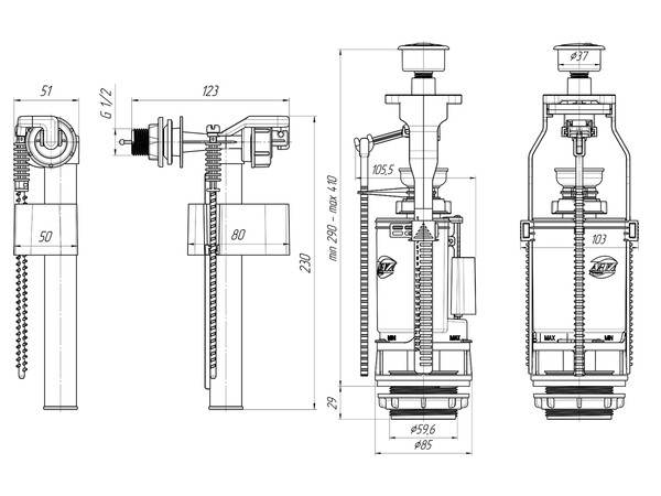 WC3050С Арматура с боковой подв. 1/2 пластик двойная кнопка эконом хром АНИ Пласт