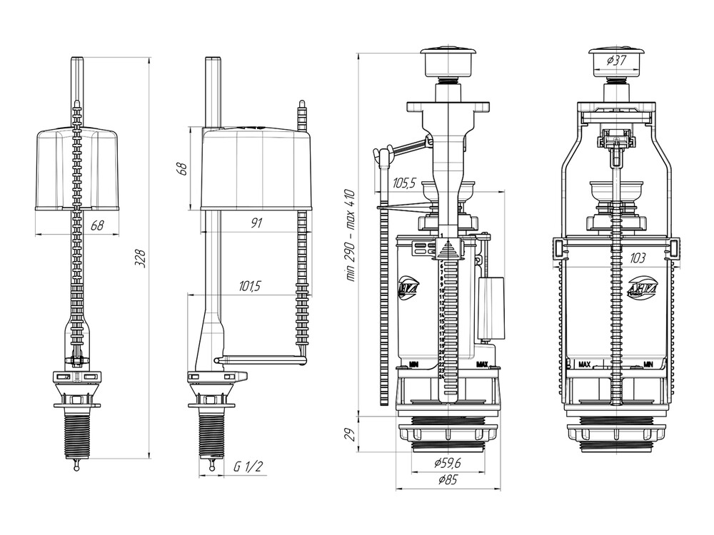 WC3550 Арматура с нижней подводкой 1/2 пластик двойная кнопка белая эконом АНИ Пласт