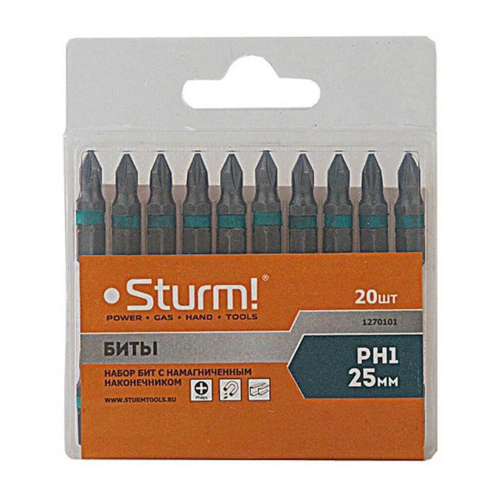 1270101 Биты PH1х25мм, сталь S2, С МАГНИТН. НАКОНЕЧНИКОМ,20 шт. в пластик.кейсе Sturm!