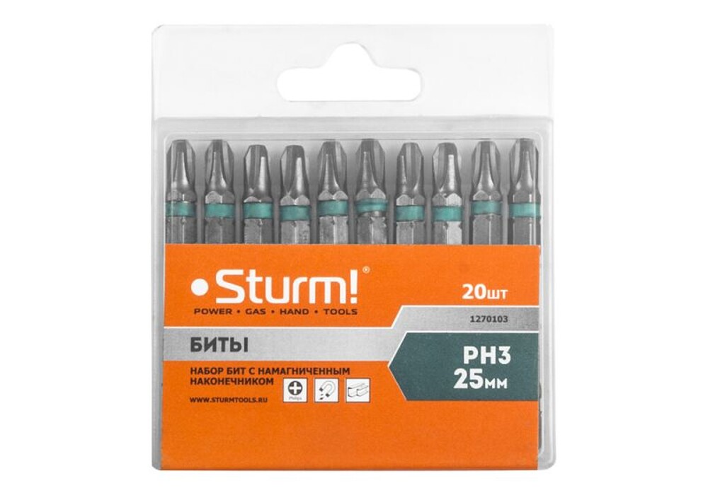 1270103 Биты PH3x25мм,сталь S2, С МАГНИТН. НАКОНЕЧНИКОМ,20 шт. в пластик.кейсе Sturm!
