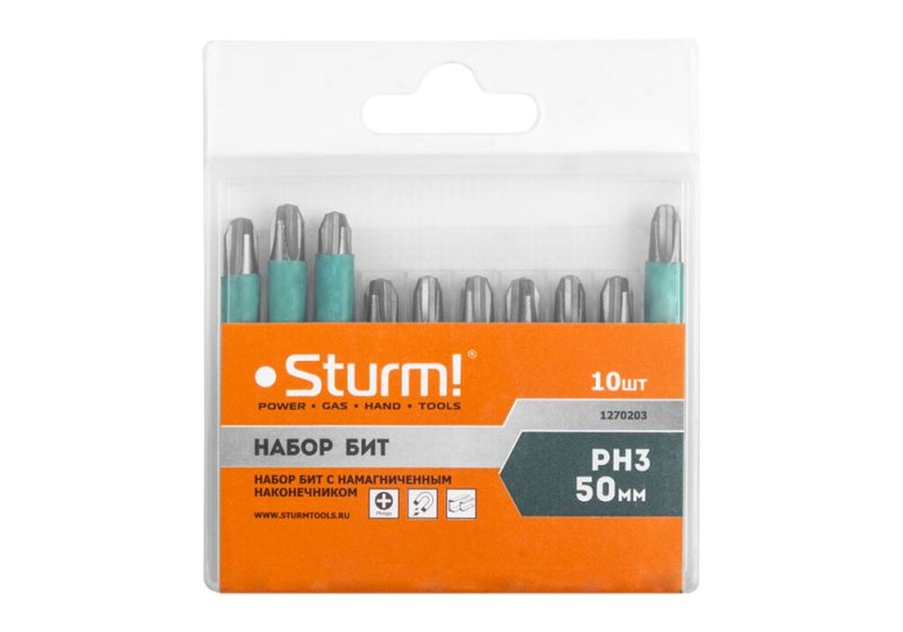 1270203 Биты PH3х50мм,сталь S2, С МАГНИТН. НАКОНЕЧНИКОМ,10 шт. в пластик.кейсе Sturm!