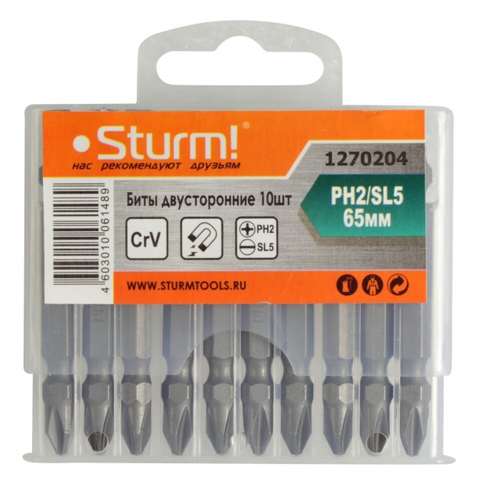 1270204 Биты PH2хSL5х50мм, сталь Crv, С МАГНИТН. НАКОНЕЧНИКОМ,10 шт. в пластик.кейсе Sturm!