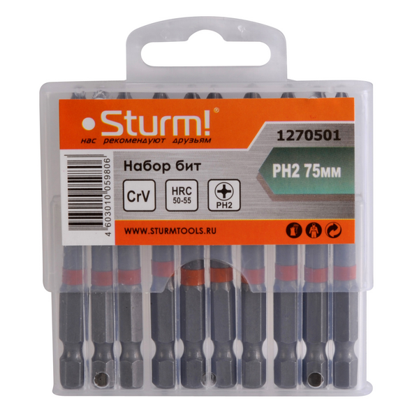 1270501 Биты PH2x75мм, сталь CrV, С МАГНИТН. НАКОНЕЧНИКОМ,10 шт. в пластик.кейсе Sturm!