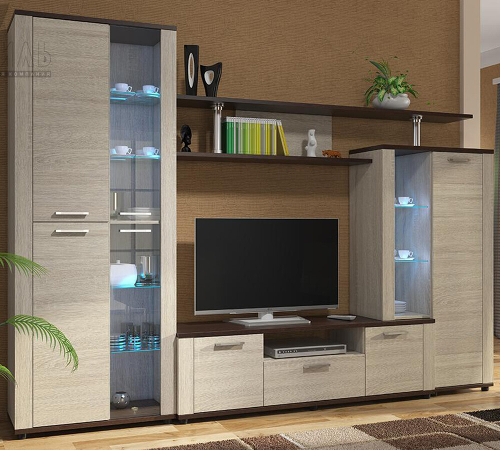 СОЛО-10 А Стенка Корпус - Дуб Сонома светлый / Венге  Фасад ЛДСП - Дуб Сонома светлый (6 мест) АП47 СНЯТО