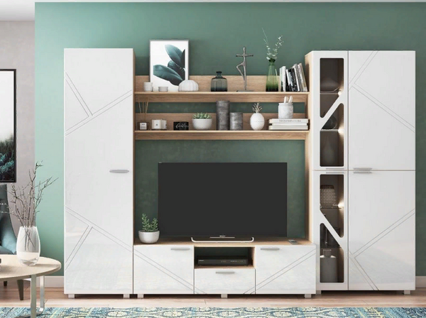 МАНХЕТЕН Стенка Корпус - Дуб Сонома светлый  Фасад МДФ - глянцевая Белый (10 мест) НФ721