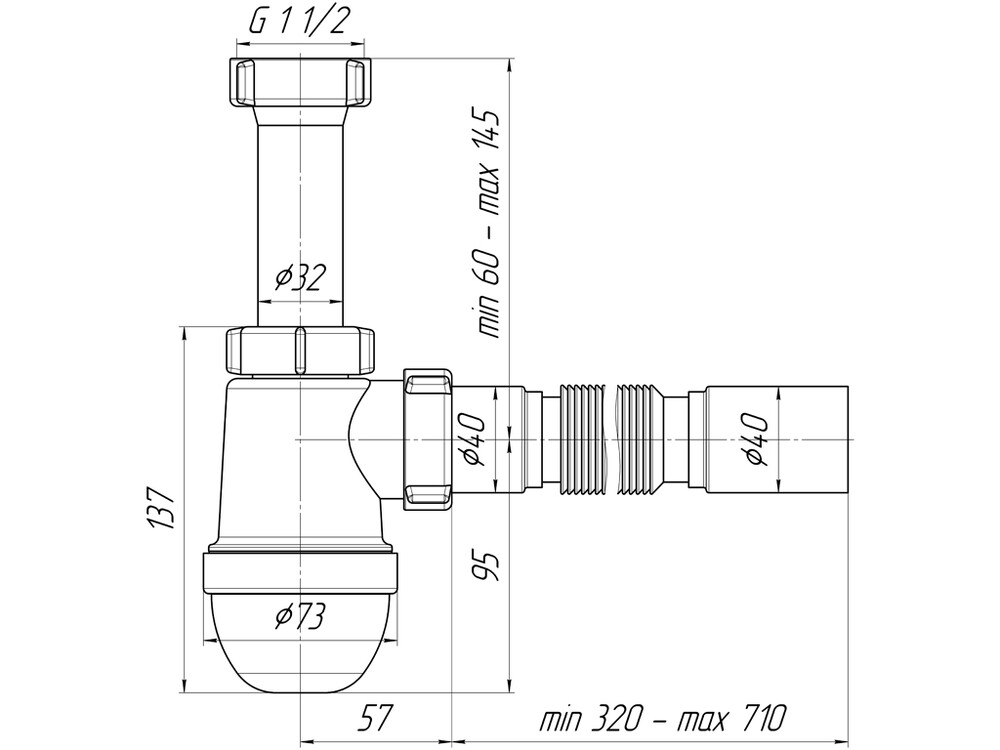 C0125 Сифон АНИ Пласт 1 1/2"* 40без выпуска с г/тр.40х40