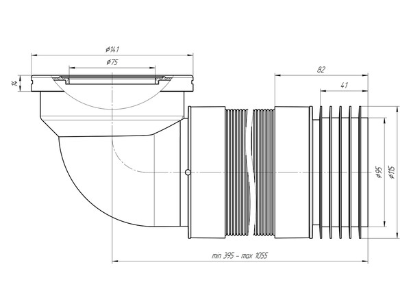 K739R Удлинитель гибкий для унитаза АНИ Пласт, угол 90*, длинный, L395-1115мм