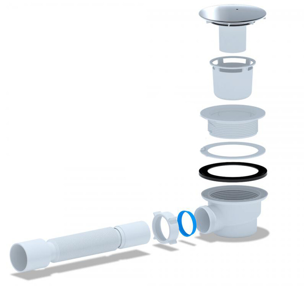 E325C Сифон для д/п АНИ Пласт 1 1/2**90, h 65 c гибкой тр. 375*40/50, хром